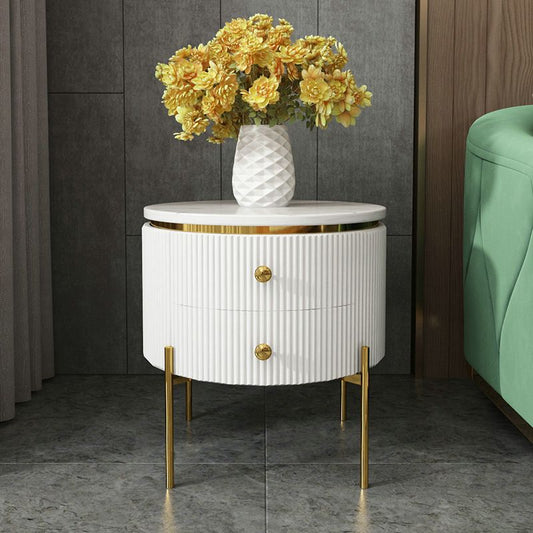 Modanio Round Wooden Side Table with Italian Marble Top & Storage