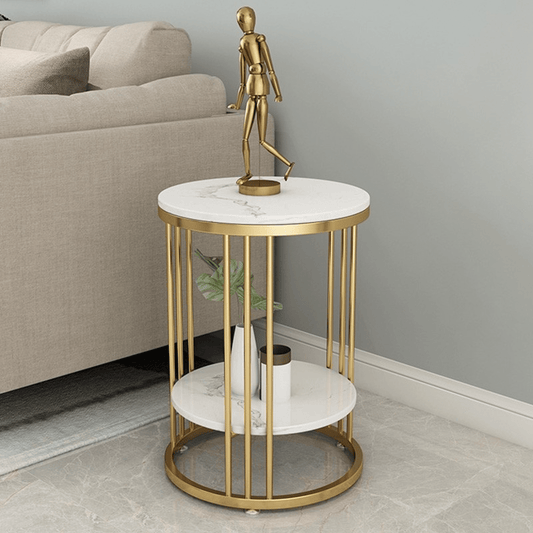 Modanio 2 Tier Round Coffee Table with Double Marble Top and Gold Finish