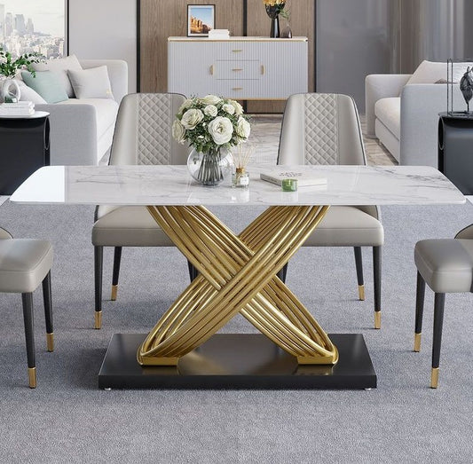 Modanio Modern X-Shape Base Dining Table With Marble Top And 6 Chairs