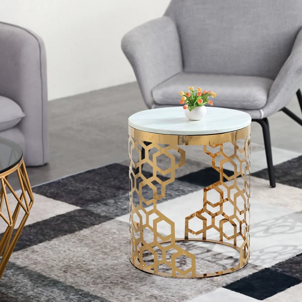 Modanio Contemporary Side Table | Currs Round Gold Side Table with Marble Top | End Table with Stainless Steel Frame, 16"Dia x 18"H