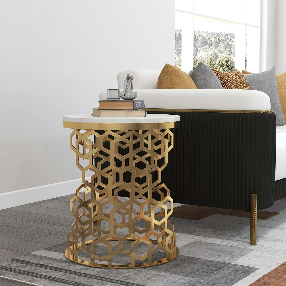 Modanio Contemporary Side Table | Currs Round Gold Side Table with Marble Top | End Table with Stainless Steel Frame, 16"Dia x 18"H