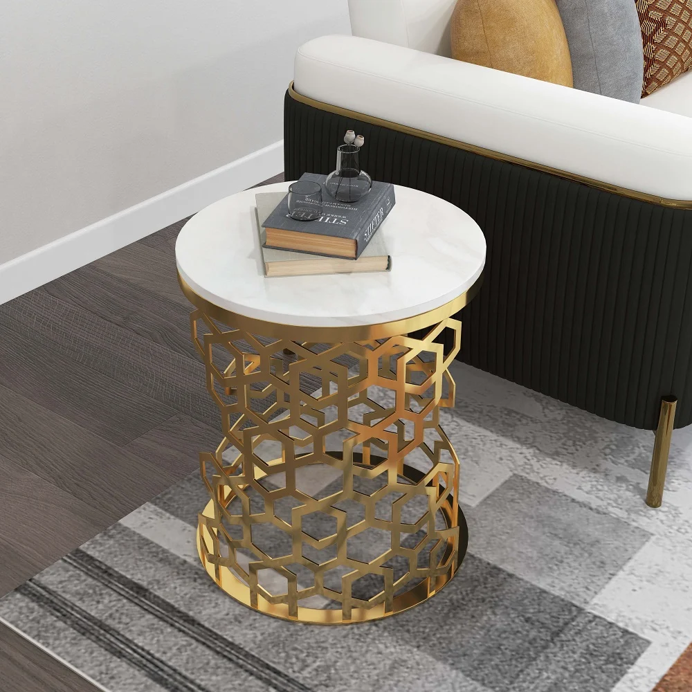 Modanio Contemporary Side Table | Currs Round Gold Side Table with Marble Top | End Table with Stainless Steel Frame, 16"Dia x 18"H