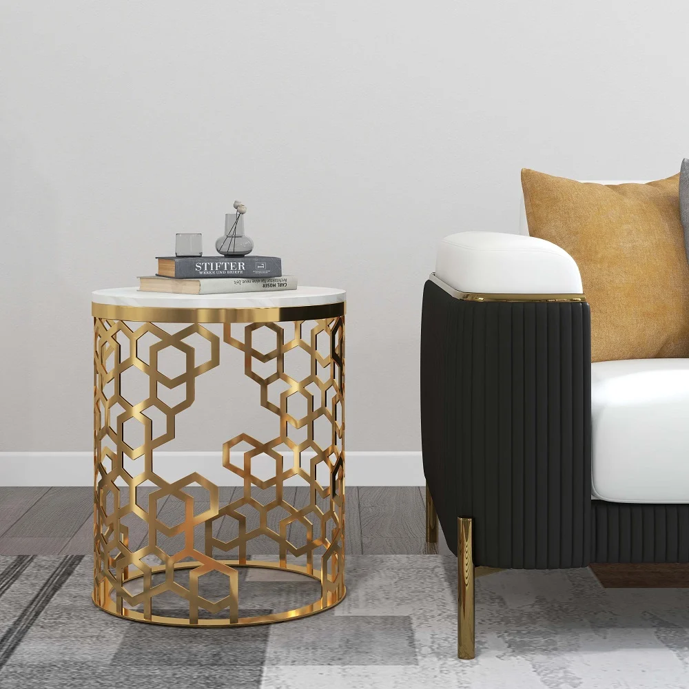 Modanio Contemporary Side Table | Currs Round Gold Side Table with Marble Top | End Table with Stainless Steel Frame, 16"Dia x 18"H