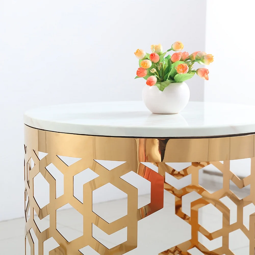 Modanio Contemporary Side Table | Currs Round Gold Side Table with Marble Top | End Table with Stainless Steel Frame, 16"Dia x 18"H