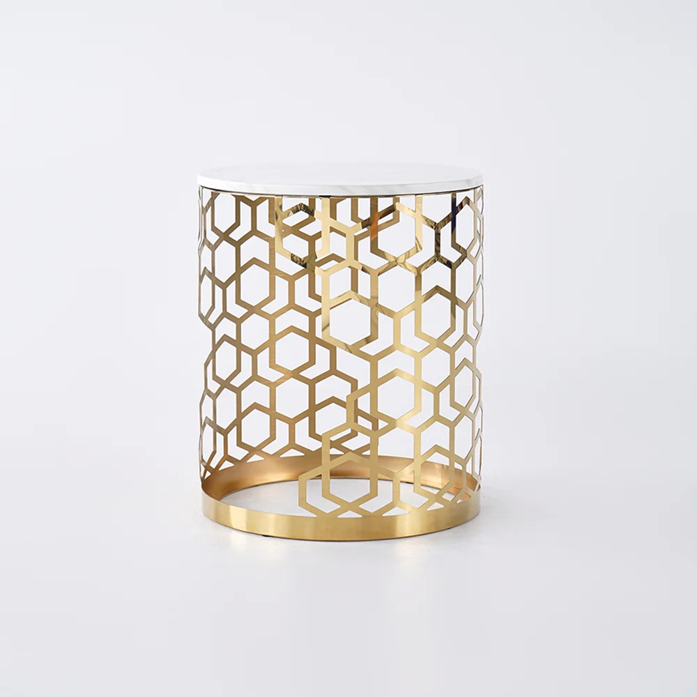 Modanio Contemporary Side Table | Currs Round Gold Side Table with Marble Top | End Table with Stainless Steel Frame, 16"Dia x 18"H