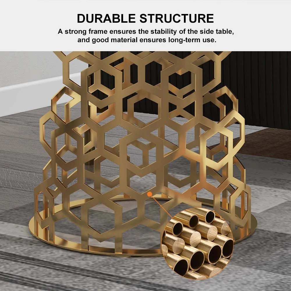Modanio Contemporary Side Table | Currs Round Gold Side Table with Marble Top | End Table with Stainless Steel Frame, 16"Dia x 18"H