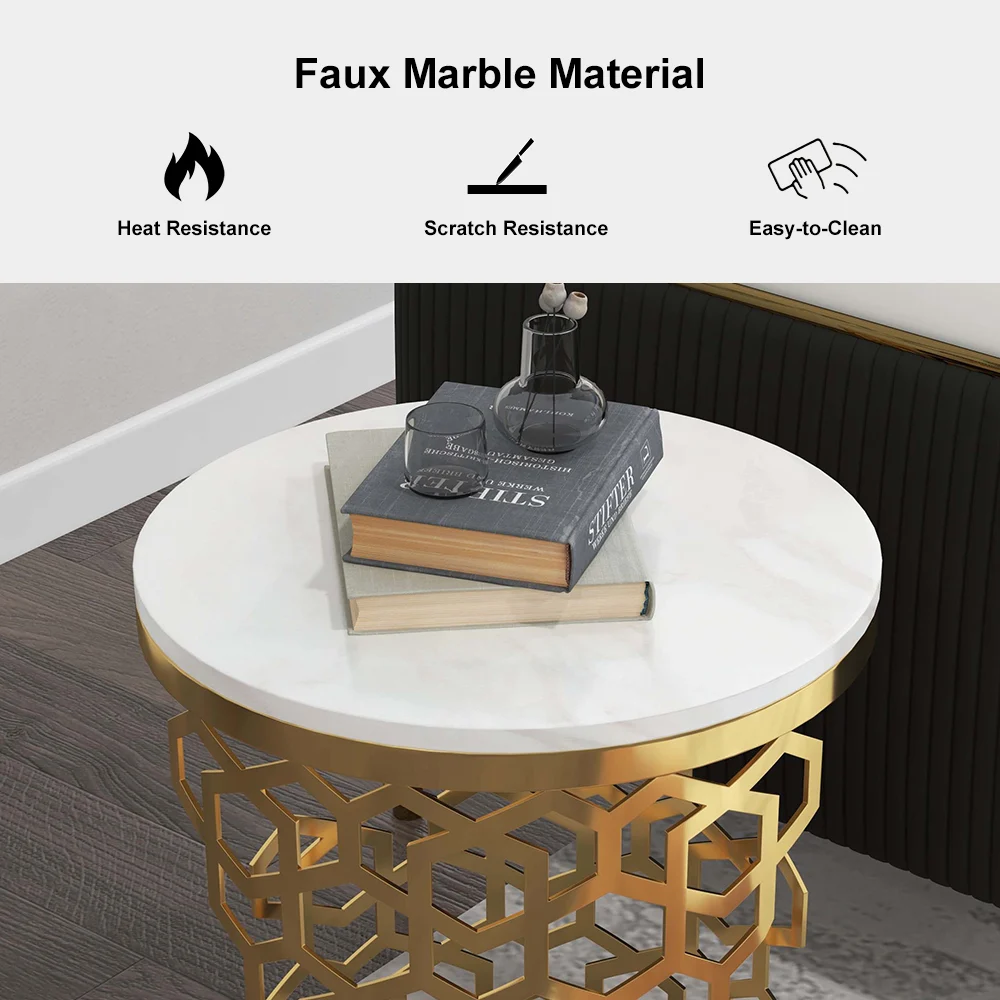Modanio Contemporary Side Table | Currs Round Gold Side Table with Marble Top | End Table with Stainless Steel Frame, 16"Dia x 18"H