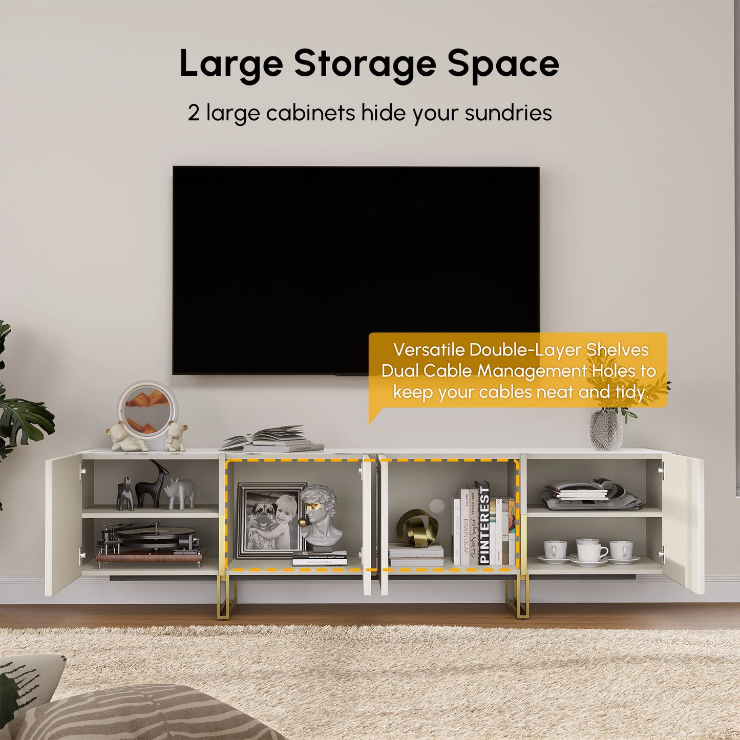 Modanio 60" Fluted TV Console with Italian Marble Top and Storage Cabinets
