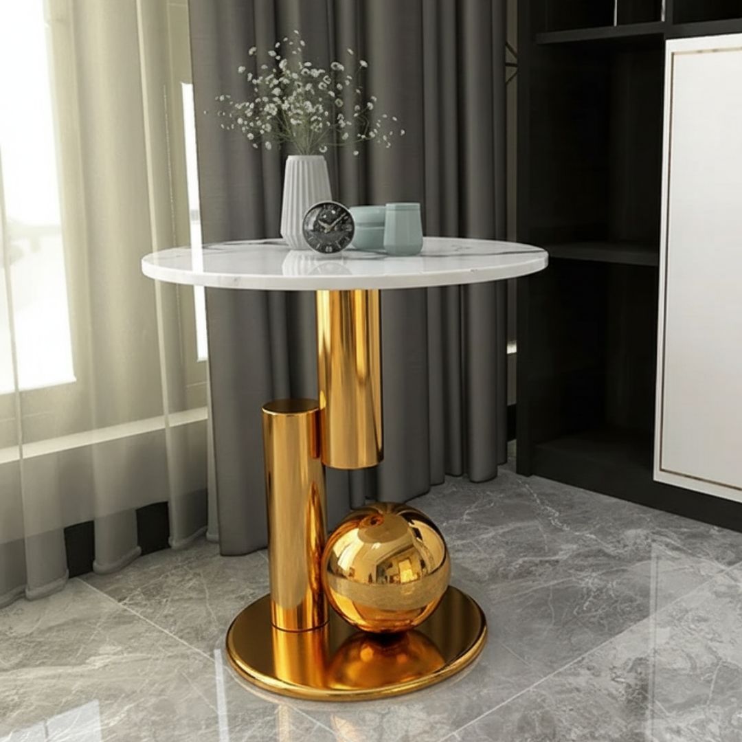 Modanio Round Black Side Table, Modern Style End Table Marble Nightstand SS Frame for Small Space Living Room Bedroom