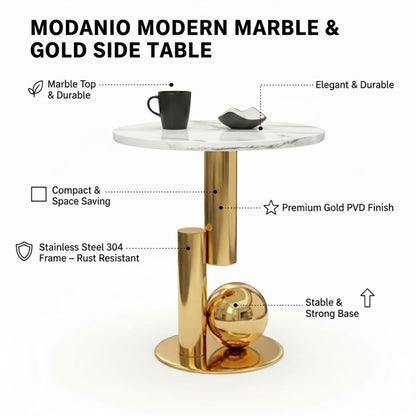 Modanio Round Black Side Table, Modern Style End Table Marble Nightstand SS Frame for Small Space Living Room Bedroom