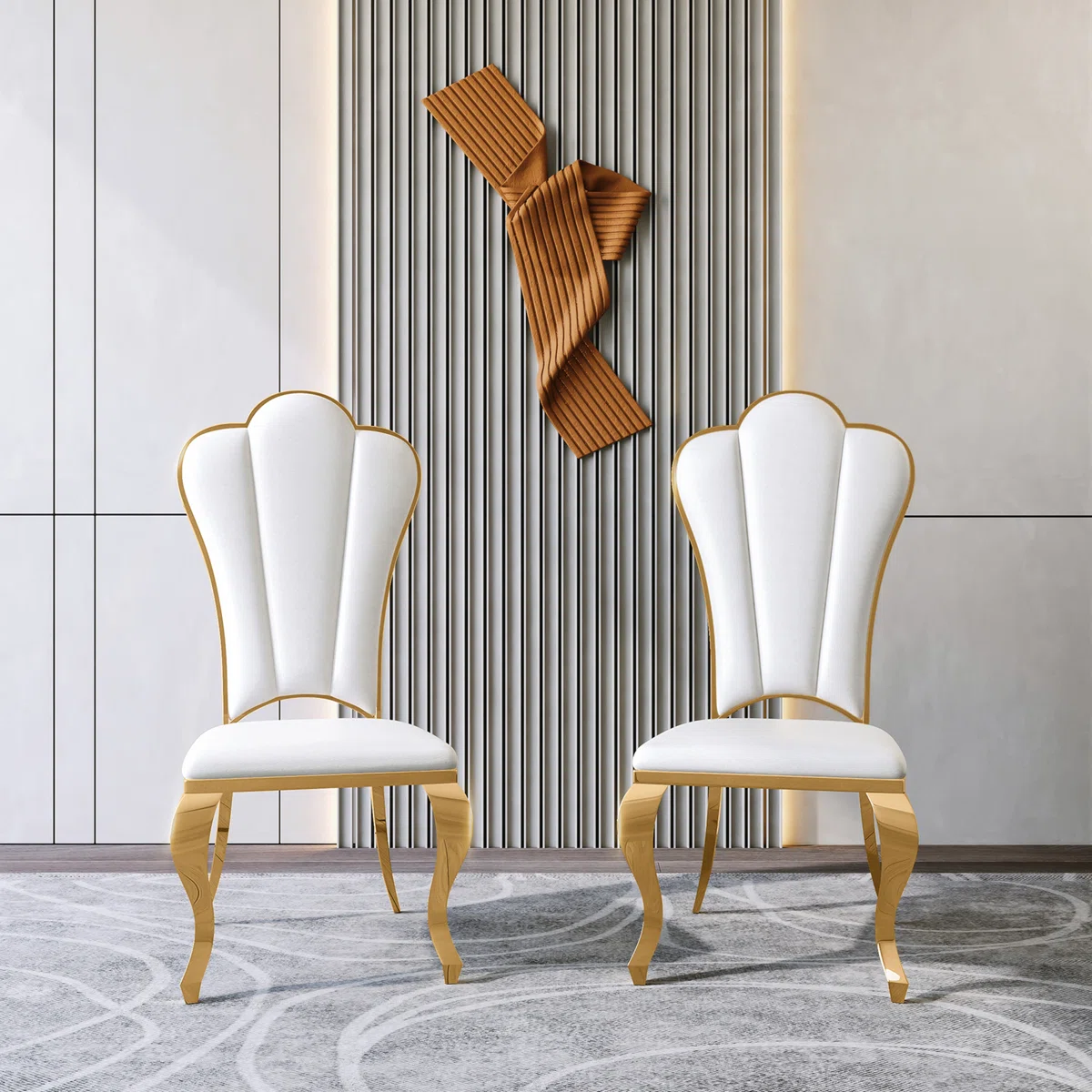 Modanio Luxury Upholstered Dining Chair with Shell Back | Gold & Silver Stainless Steel Legs | Set Of 2