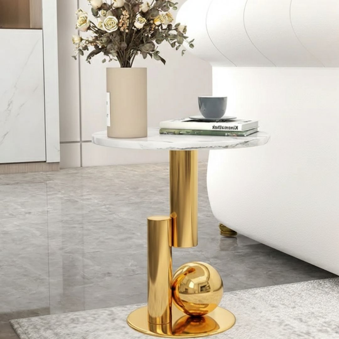 Modanio Round Black Side Table, Modern Style End Table Marble Nightstand SS Frame for Small Space Living Room Bedroom