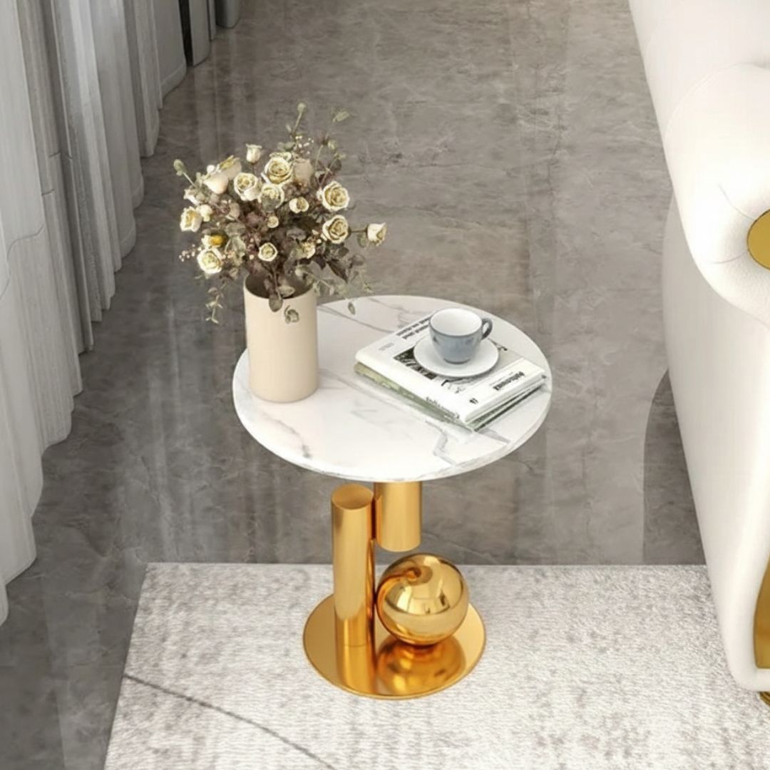 Modanio Round Black Side Table, Modern Style End Table Marble Nightstand SS Frame for Small Space Living Room Bedroom