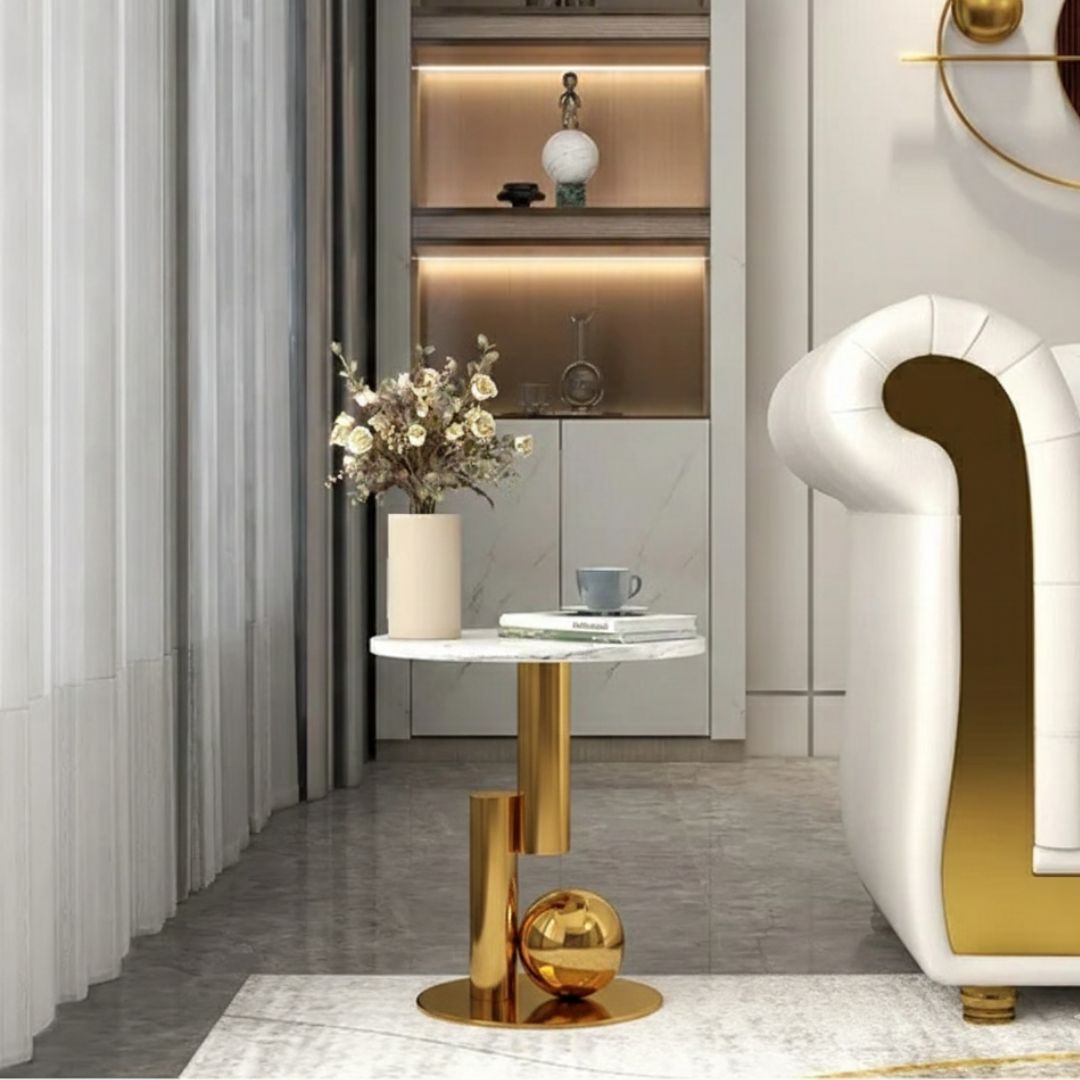 Modanio Round Black Side Table, Modern Style End Table Marble Nightstand SS Frame for Small Space Living Room Bedroom