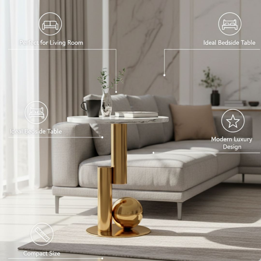 Modanio Round Black Side Table, Modern Style End Table Marble Nightstand SS Frame for Small Space Living Room Bedroom