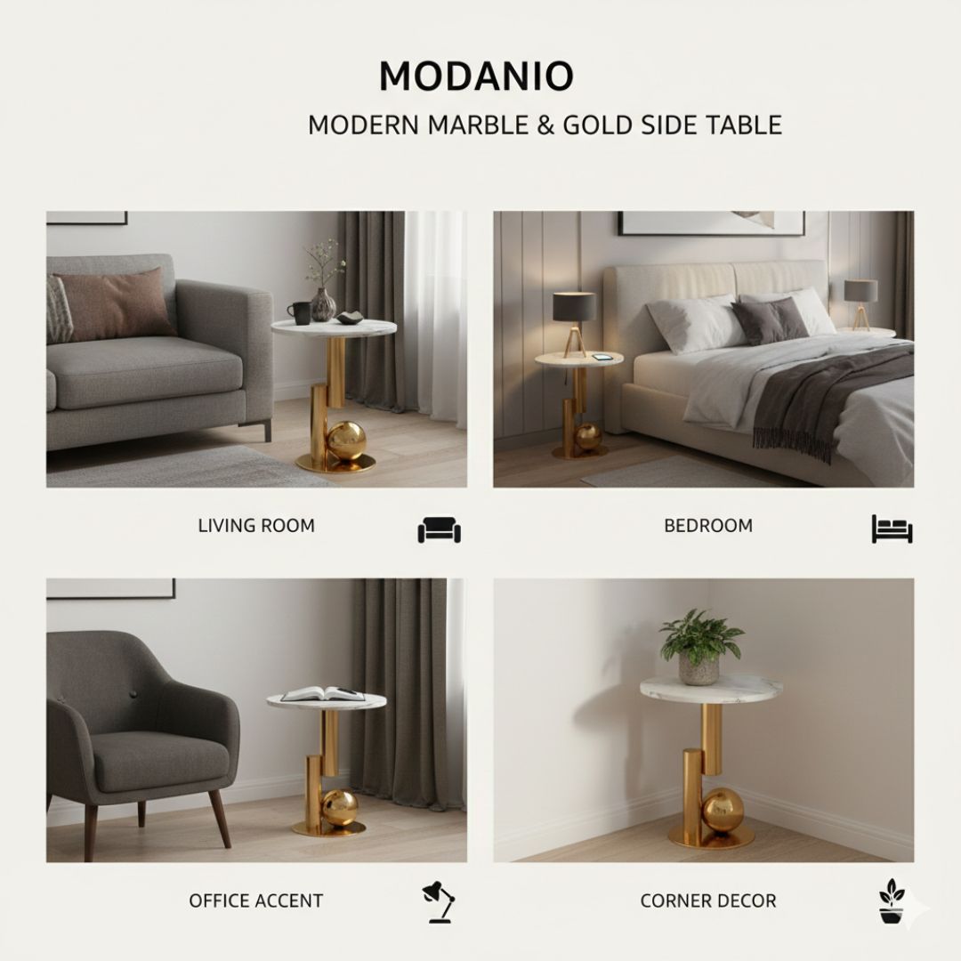 Modanio Round Black Side Table, Modern Style End Table Marble Nightstand SS Frame for Small Space Living Room Bedroom