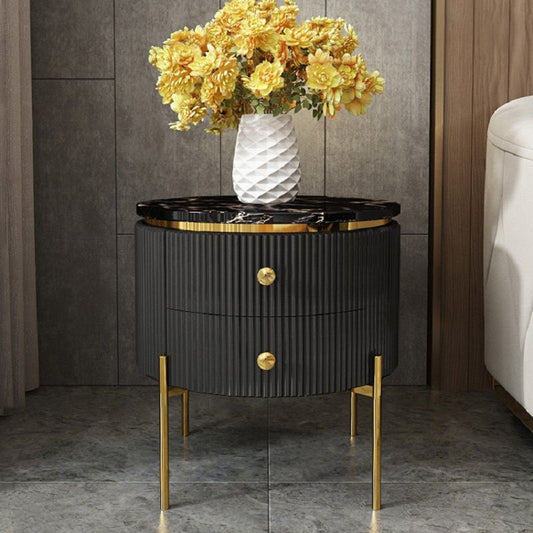 Modanio Round  Wooden Side Table with Italian Marble Top & Storage