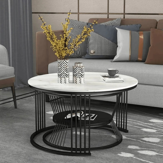 Modanio Set Of 2 Modern Coffee Table With Gold Finish Top Marble