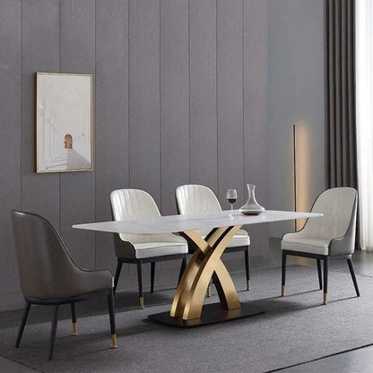 Modanio Twin Turris Dining Table with Nano Marble Top & 6 Chairs | Gold PVD Finish