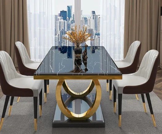 Modanio Prime Arc Dining Table with Marble Top & 6 Chairs | PVD Finish