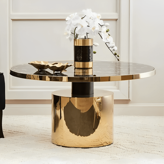 Modanio Compass Round Coffee Table with Gold Finish and Marble Top
