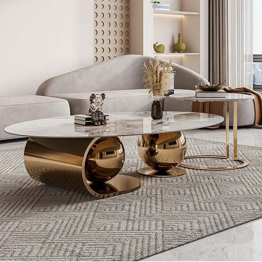 Modanio Set of 2 Aurora Oval Center Table With Gold Finish and Marble Top