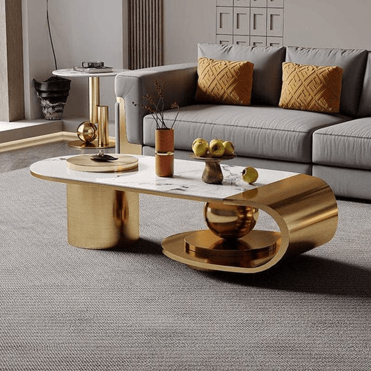 Modanio Parallel Edge Centre Table For Living Room with Gold Finish and Marble Top