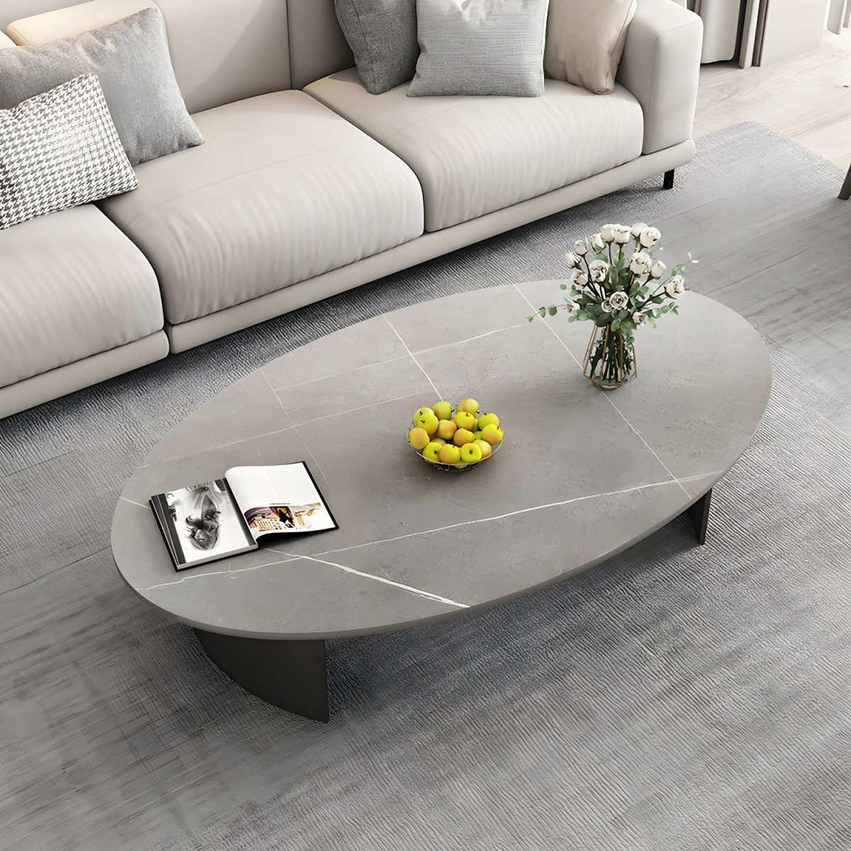 Modanio Modern Oval Marble Coffee Table – Luxury Marble Top Coffee Table with Metal Frame for Living Room & Hall