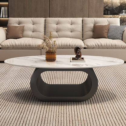 Modanio Oval Coffee Table with Marble Top – Modern Powder-Coated Metal Centre Table