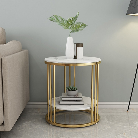 Modanio 2 Tier Round Coffee Table with Double Marble Top and Gold Finish