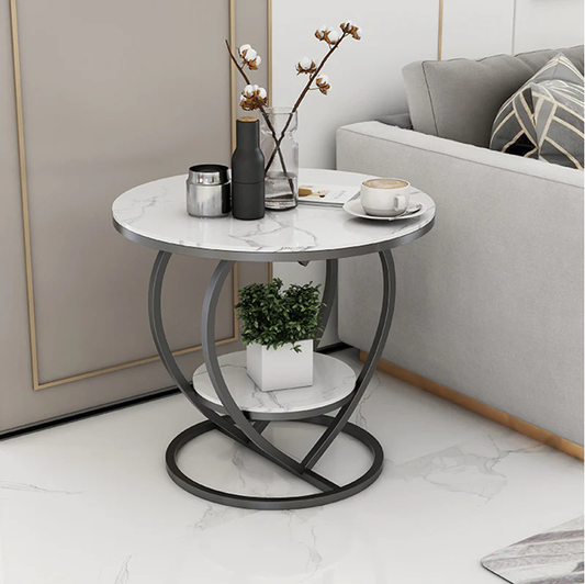 Modanio 2 Tier Handmade Heart Shape Nightstand Bedside Table with Marble Top and Gold Finish