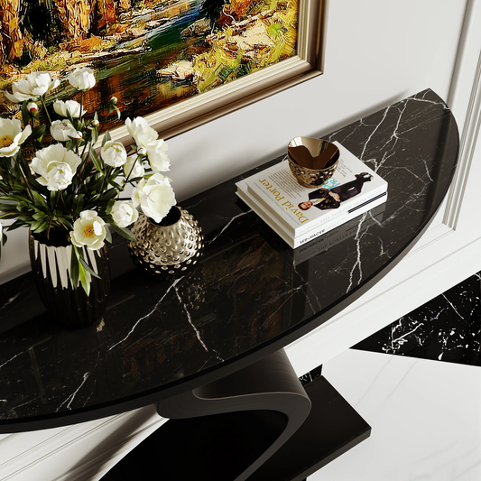 Modanio Modern Black Curved Console Table with Marble Top