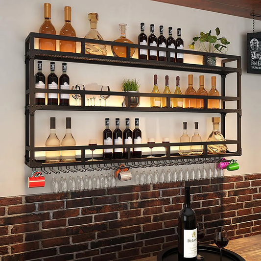 Modanio LuxeWall Black Metal Wall Mounted Wine Rack with Glass Holder Bar Shelf for Kitchen & Dining Room Decor
