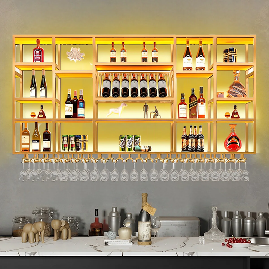 Modanio Yaden Gold Wall Mounted Wine And Glass Rack Luxe Metal Display for Stylish Living