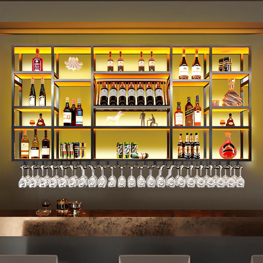 Modanio Jozey Wall Mounted Wine & Glass Rack in Black Large Capacity, Modern Metal Bar Shelf