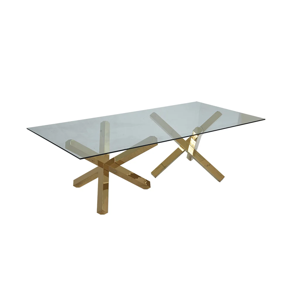 Modanio Stella Dining Table with 12mm Glass Top | Gold Stainless Steel Pedestal Base