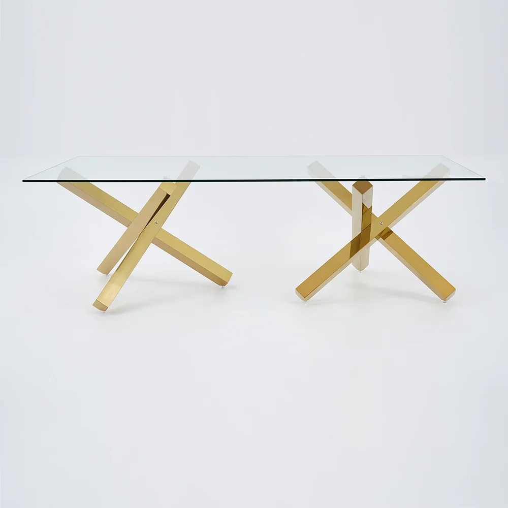 Modanio Stella Dining Table with 12mm Glass Top | Gold Stainless Steel Pedestal Base