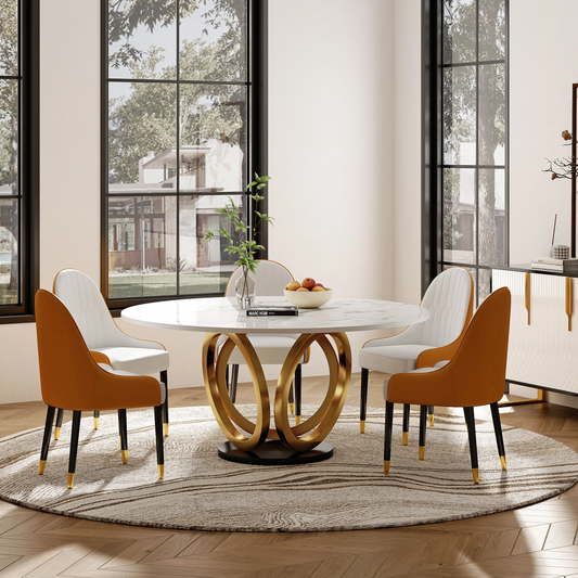 Modanio Modern Style Round Dining Table With Marble Top And With 4 Chairs