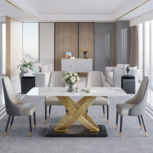 Modanio Modern X-Shape Base Dining Table With Marble Top And 6 Chairs