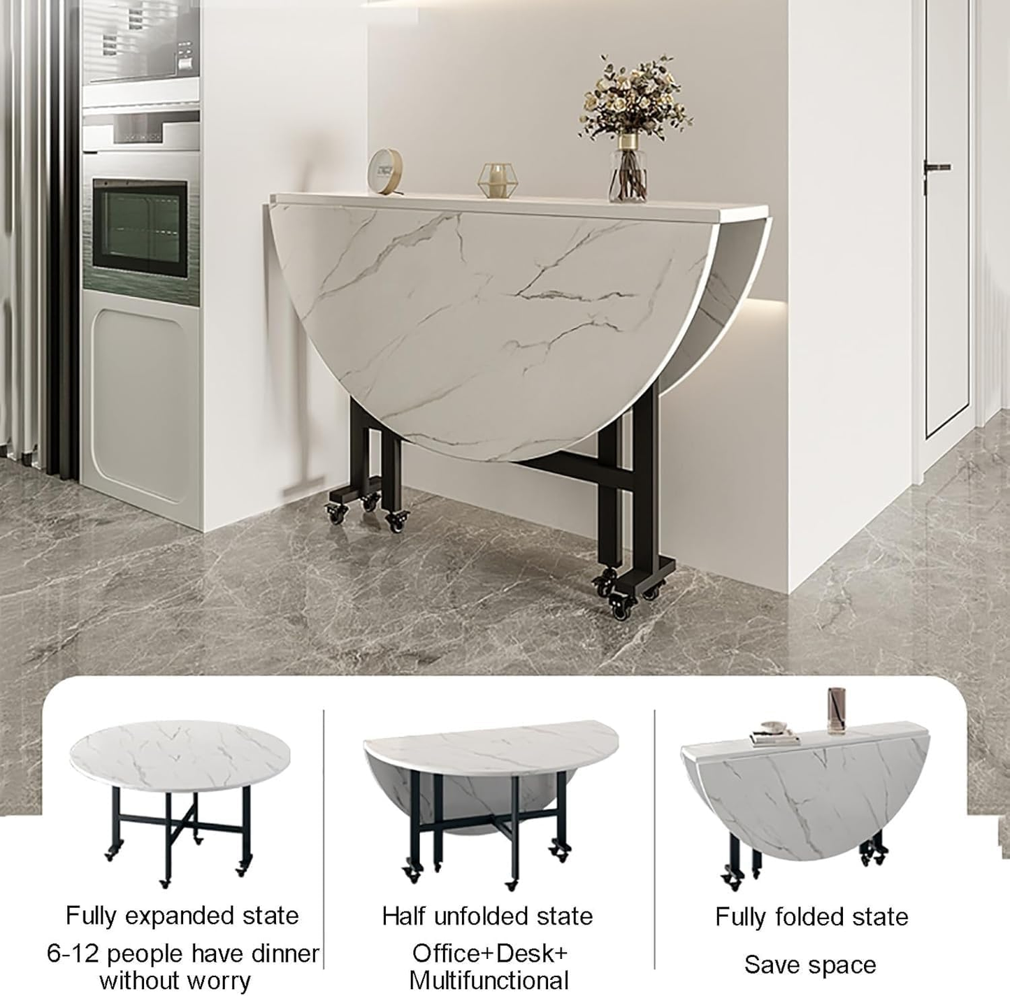 Modanio Folding Dining Table | Portable Mobile Folding Dining Table with 6 Wheels