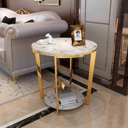 Modanio Italian Marble Round End Table for Living Room with Storage Shelf Gold Stainless Steel
