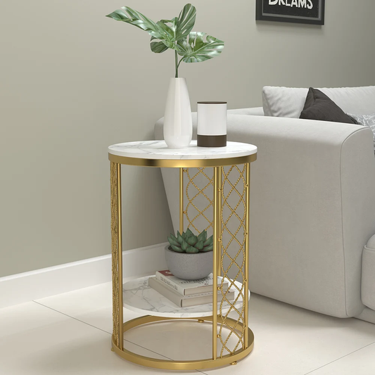 Modanio Modern  2-Tier Marble End Table with Gold Finish | Elegant Storage Side Table