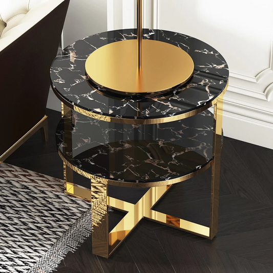 Modanio 2 Tier Round Black Marble Top Gold End Table Double Storage Nightstand