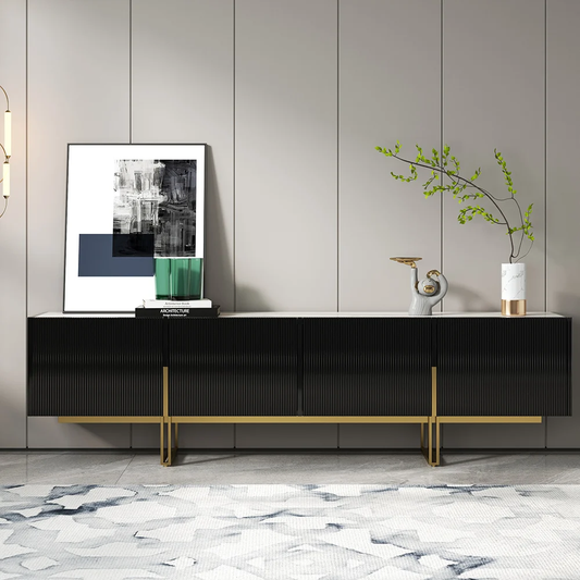 Modanio 60" Fluted TV Console with Italian Marble Top and Storage Cabinets