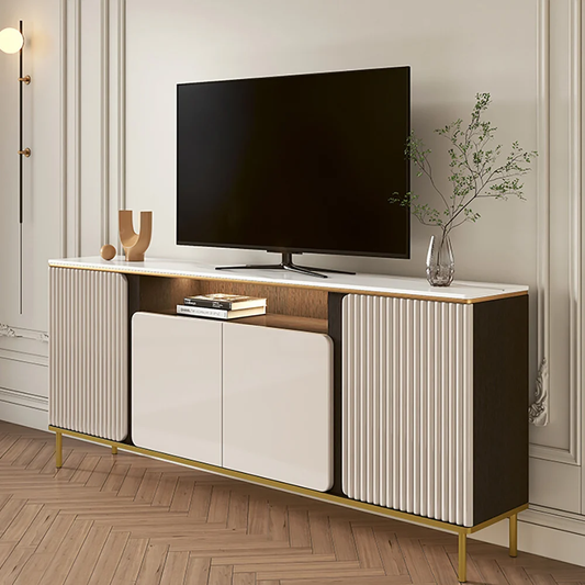 Modanio Tall Beige TV Console with Top Italian Marble with 4 Doors & 5 Shelves 63X14"
