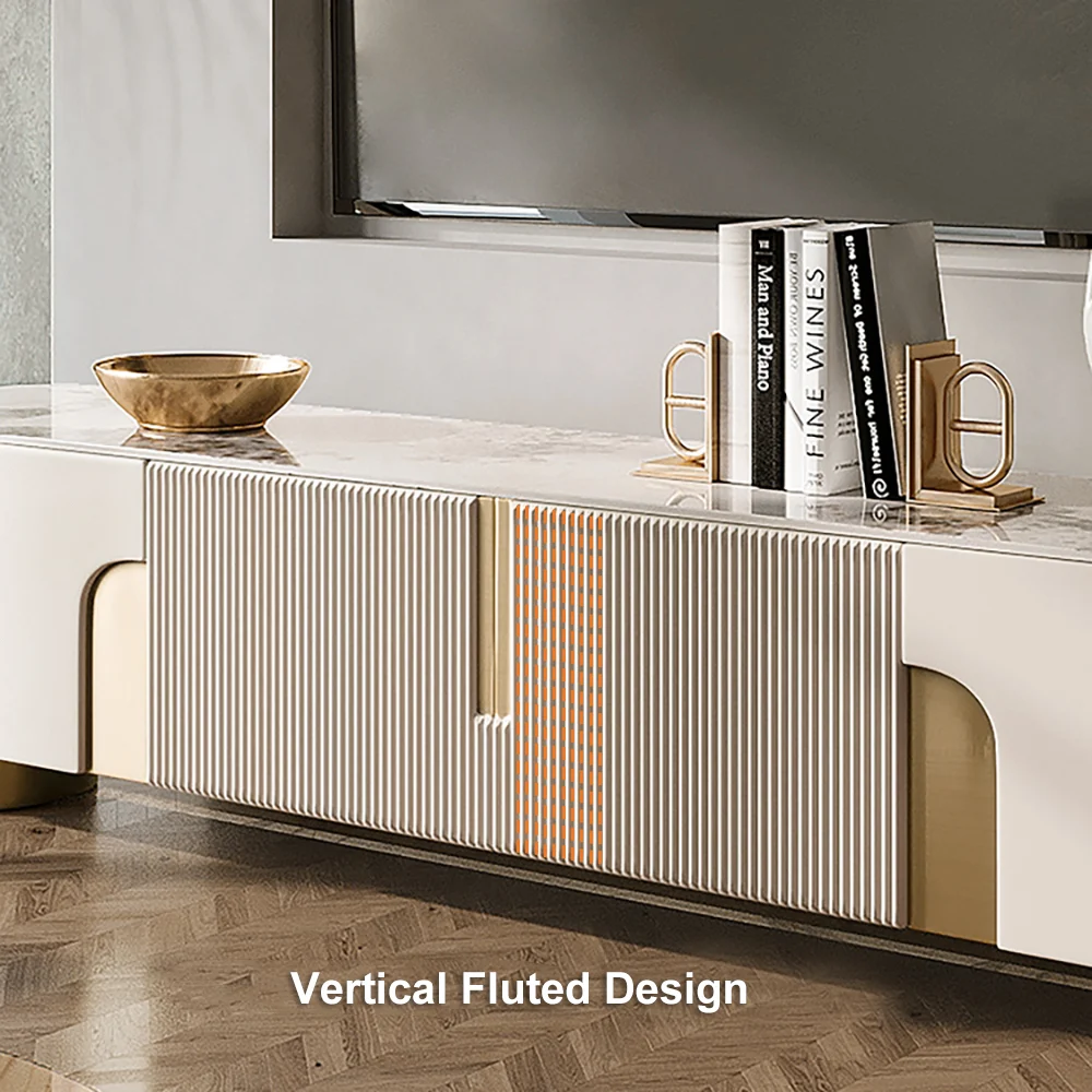 Modanio Marble Top Beige & Gold TV Stand with 4 Door Media Console for Living Room