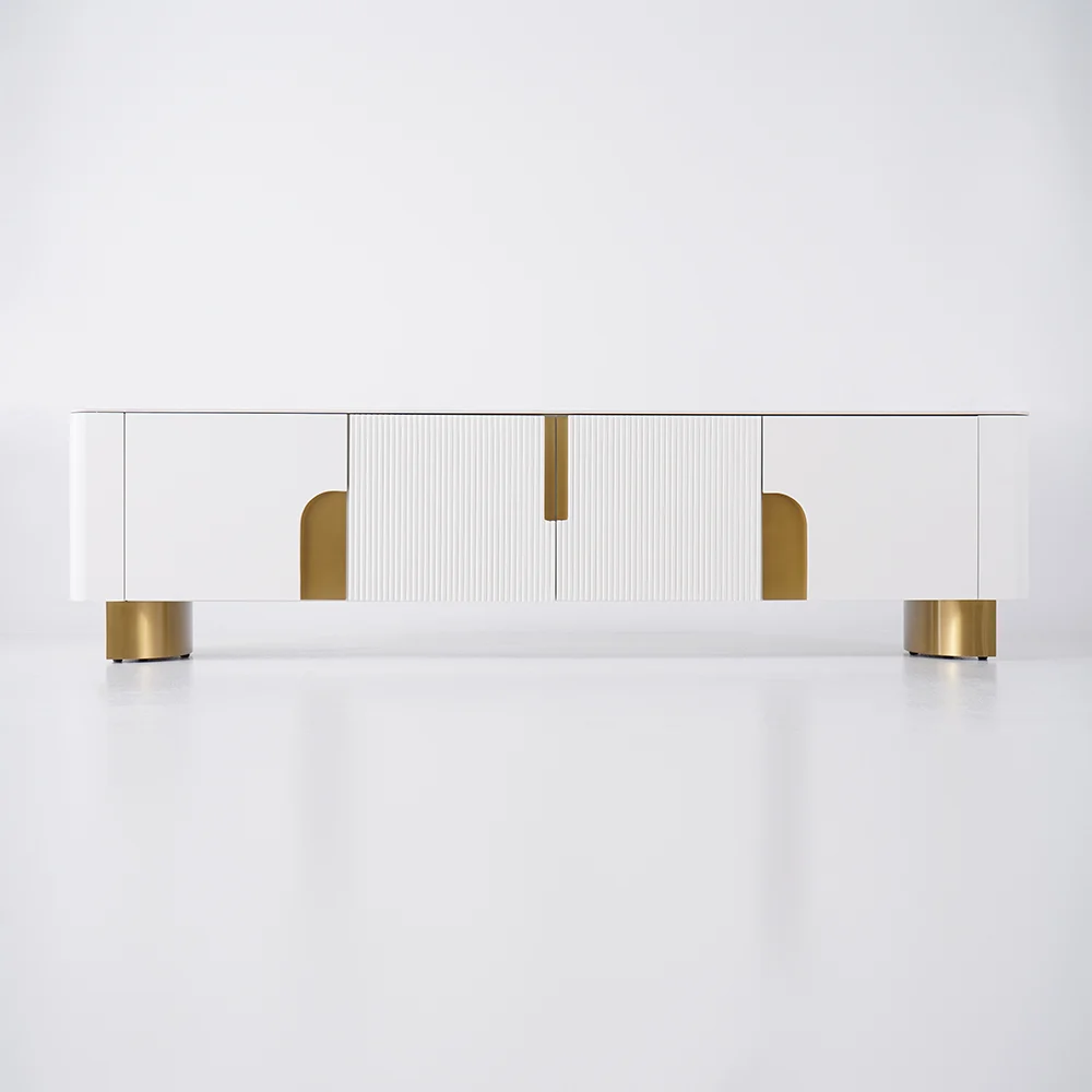 Modanio Marble Top Beige & Gold TV Stand with 4 Door Media Console for Living Room