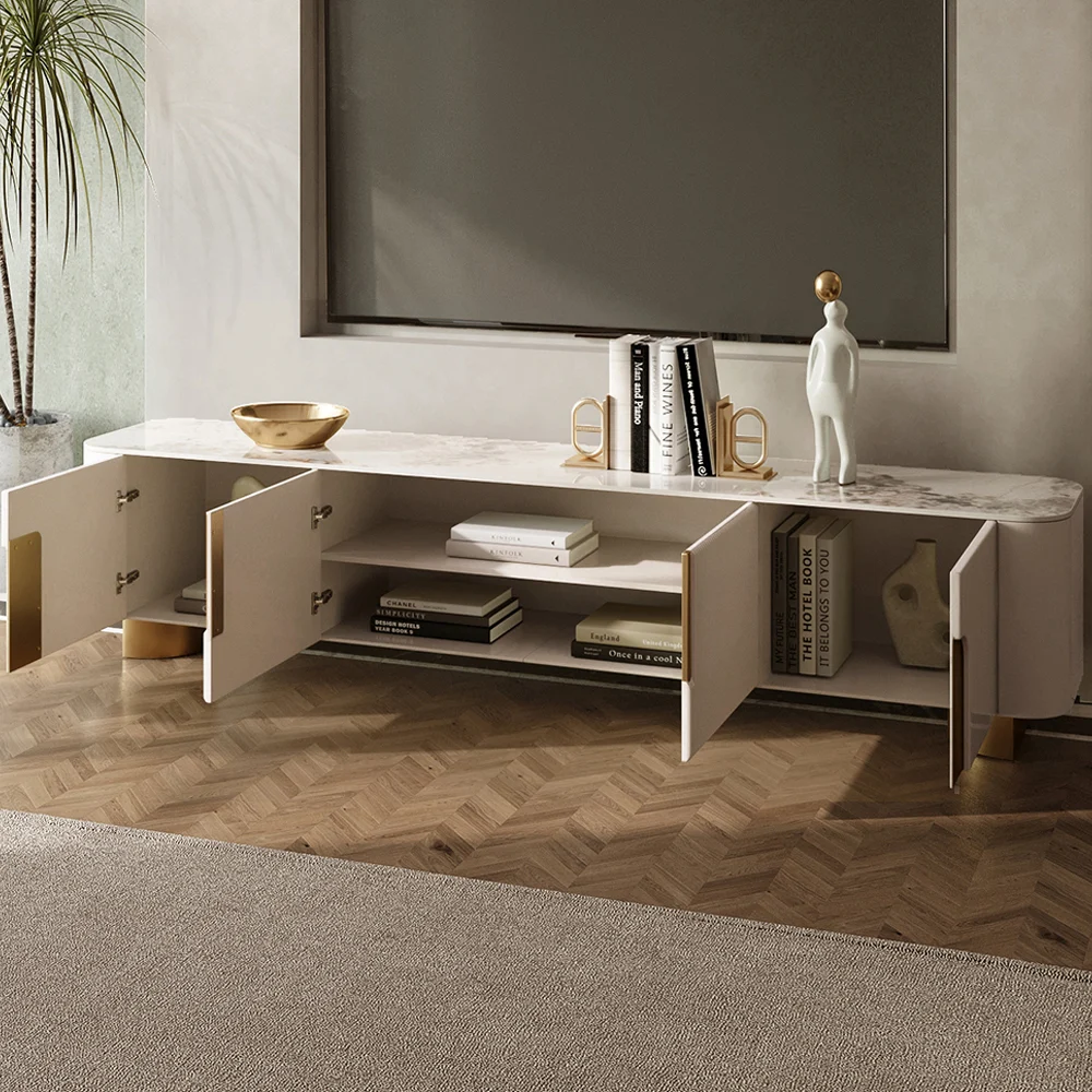 Modanio Marble Top Beige & Gold TV Stand with 4 Door Media Console for Living Room