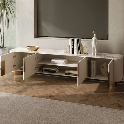 Modanio Marble Top Beige & Gold TV Stand with 4 Door Media Console for Living Room