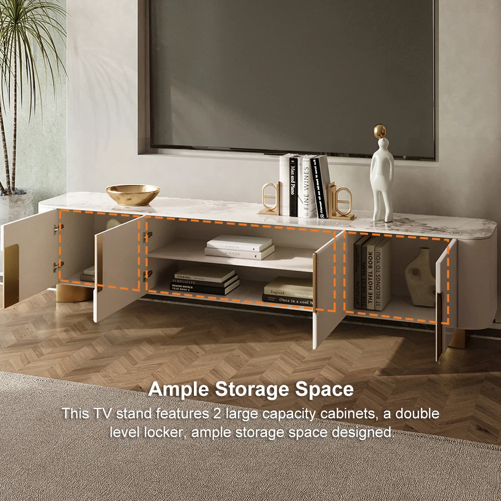 Modanio Marble Top Beige & Gold TV Stand with 4 Door Media Console for Living Room